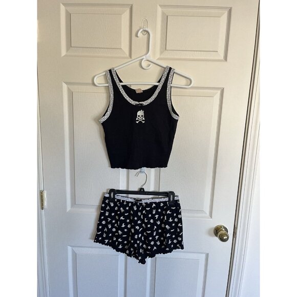 Halloween Pajama M Matching Set Skulls Black White - Picture 1 of 6